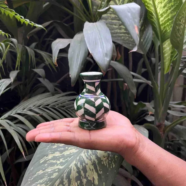 Blue_Art_Pottery_Mini_Vase_3_inch_Green_Set_of_2_and_White_Geometric_Pattern