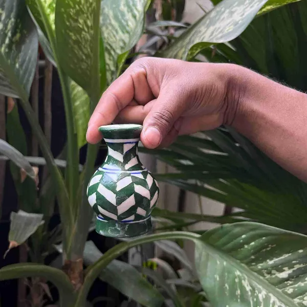 Blue_Art_Pottery_Mini_Vase_3_inch_Green_Set_of_2_and_White_Geometric_Pattern