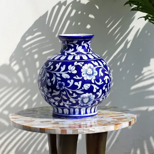 Blue_Art_Pottery_Ceramic_Vase_Pot_Hand_Painted_Flower_Design_Matka_Shape_for_Home_Office_Center_Table_D_cor