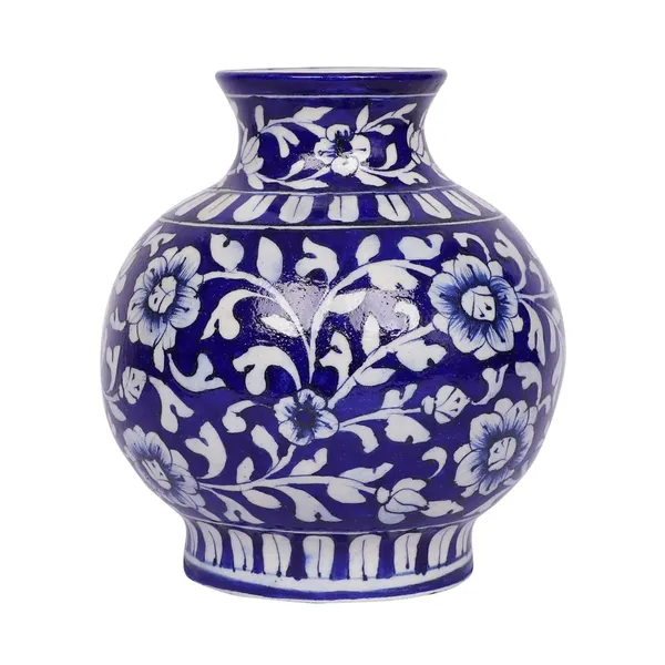 Blue_Art_Pottery_Ceramic_Vase_Pot_Hand_Painted_Flower_Design_Matka_Shape_for_Home_Office_Center_Table_D_cor