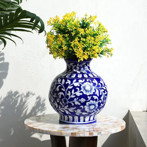 Blue_Art_Pottery_Ceramic_Vase_Pot_Hand_Painted_Flower_Design_Matka_Shape_for_Home_Office_Center_Table_D_cor