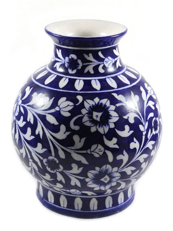 Blue_Art_Pottery_Ceramic_Vase_Pot_Hand_Painted_Flower_Design_Matka_Shape_for_Home_Office_Center_Table_D_cor