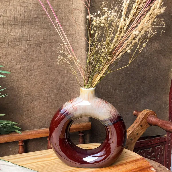 Ceramic_Glossy_Finish_Donut_Flower_Vase_[Brown],_Circular_Hollow_Decorative_Minimalist_Vase_for_Home_D_cor_|_Living_Room_|_Bedroom_|_Offices_|_Table_Tops_|_Windowsill,_8_x_8_INCHES