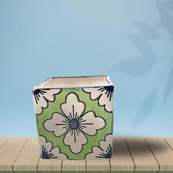 Green_Ceramic_Square_Floral_Hand_Painting_Planter_Pot_Decorative_Vase_Container