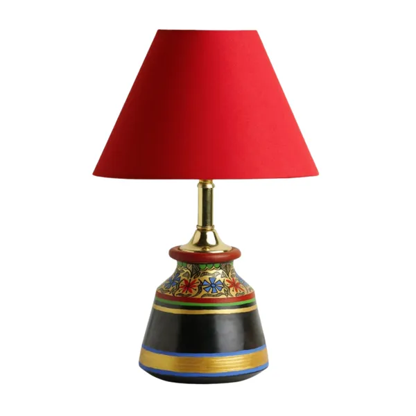 Black_And_Golden_Terracotta_Table_Lamp_Brass_Fitting_Handpainted_Cotton_Shade_Decorative_Corner_Lamp