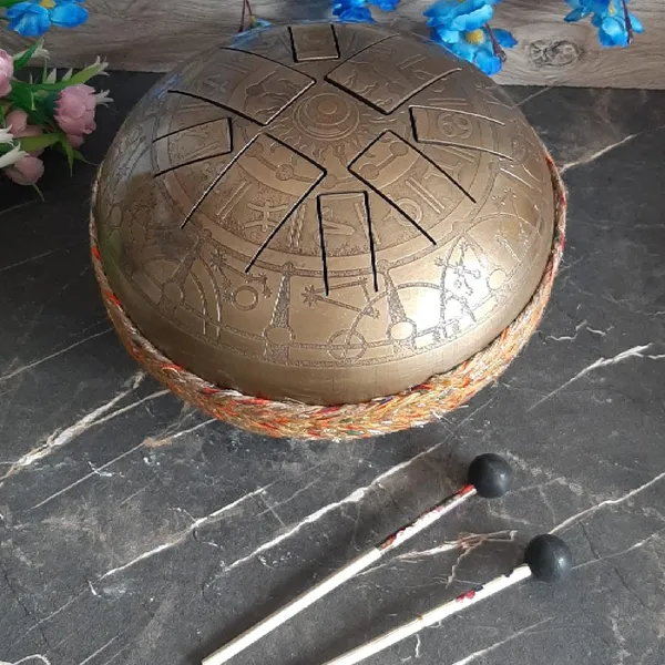 Metallic_Tongue_Drum_[Oxidized_Gold_Finish],_Engraved_Sun_Tongue_Drum_w/_8_Notes_Drum,_Hand_Pan_Drum_w/_2_Mallets_and_Carry_Bag,_10_INCH_Tongue_Drum,_Tongue_Drum_for_Meditation