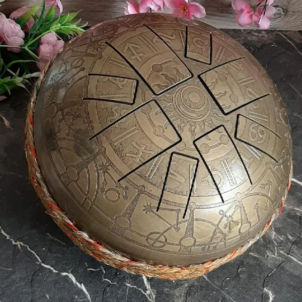 Metallic_Tongue_Drum_[Oxidized_Gold_Finish],_Engraved_Sun_Tongue_Drum_w/_8_Notes_Drum,_Hand_Pan_Drum_w/_2_Mallets_and_Carry_Bag,_10_INCH_Tongue_Drum,_Tongue_Drum_for_Meditation