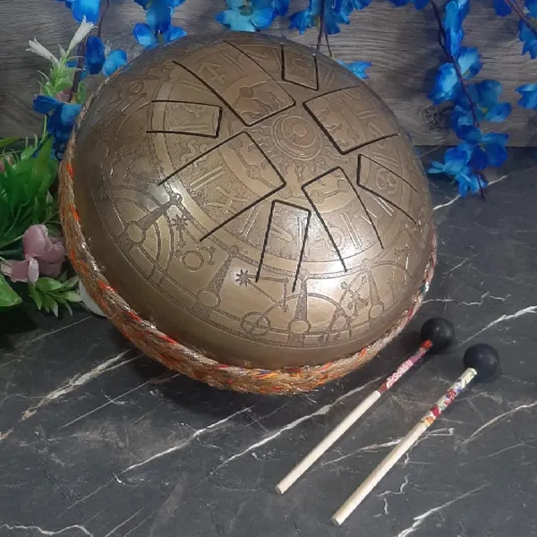 Metallic_Tongue_Drum_[Oxidized_Gold_Finish],_Engraved_Sun_Tongue_Drum_w/_8_Notes_Drum,_Hand_Pan_Drum_w/_2_Mallets_and_Carry_Bag,_10_INCH_Tongue_Drum,_Tongue_Drum_for_Meditation