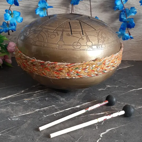 Metallic_Tongue_Drum_[Oxidized_Gold_Finish],_Engraved_Sun_Tongue_Drum_w/_8_Notes_Drum,_Hand_Pan_Drum_w/_2_Mallets_and_Carry_Bag,_10_INCH_Tongue_Drum,_Tongue_Drum_for_Meditation