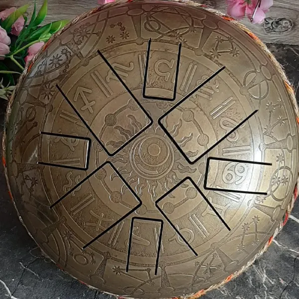 Metallic_Tongue_Drum_[Oxidized_Gold_Finish],_Engraved_Sun_Tongue_Drum_w/_8_Notes_Drum,_Hand_Pan_Drum_w/_2_Mallets_and_Carry_Bag,_10_INCH_Tongue_Drum,_Tongue_Drum_for_Meditation