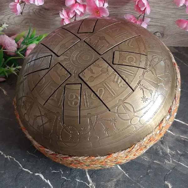 Metallic_Tongue_Drum_[Oxidized_Gold_Finish],_Engraved_Sun_Tongue_Drum_w/_8_Notes_Drum,_Hand_Pan_Drum_w/_2_Mallets_and_Carry_Bag,_10_INCH_Tongue_Drum,_Tongue_Drum_for_Meditation