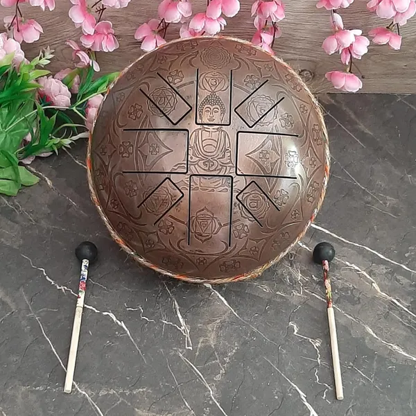 Metallic_Tongue_Drum_[Oxidized_Copper_Finish],_Engraved_Buddha_Tongue_Drum_w/_8_Notes_Drum,_Hand_Pan_Drum_w/_2_Mallets_and_Carry_Bag,_10_INCH_Tongue_Drum,_Tongue_Drum_for_Meditation