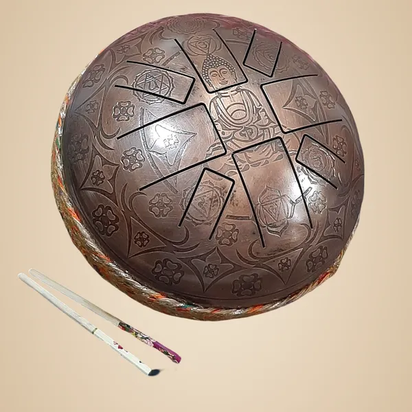 Metallic_Tongue_Drum_[Oxidized_Copper_Finish],_Engraved_Buddha_Tongue_Drum_w/_8_Notes_Drum,_Hand_Pan_Drum_w/_2_Mallets_and_Carry_Bag,_10_INCH_Tongue_Drum,_Tongue_Drum_for_Meditation