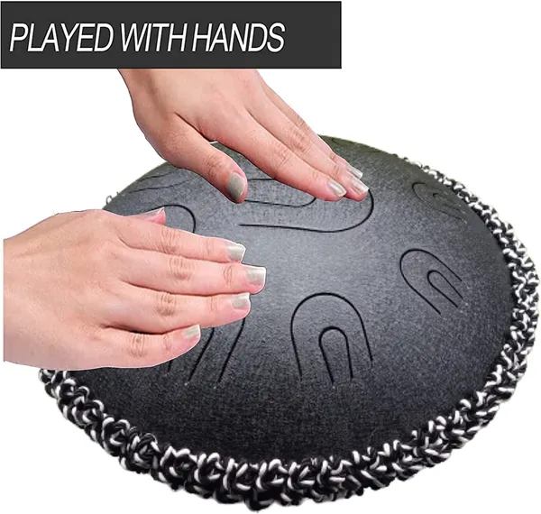 12"_Steel_Tongue_Drum_Hand_Pan_Drum_9+9_Notes_[BLACK],_Percussion_Steel_Tongues_Drum_with_Rope_Decoration_and_Sling_Bag_to_Carry_the_Drum