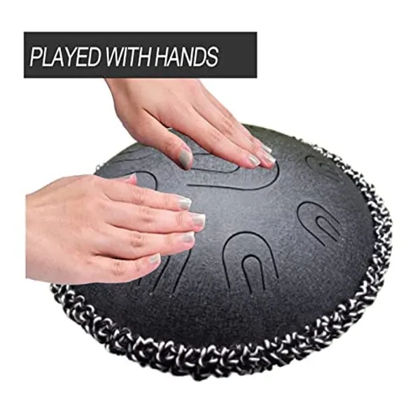 14_inch_Percussion_Steel_Tongue_Drum_Hand_Pan_Drum_w/_18_Notes_[BLACK]_with_Rope_Decoration_and_Sling_Bag