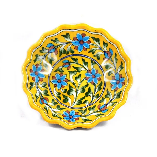 Yellow_Blue_Art_Pottery_Decorative_Serving_Plate_Center_Table_Platter_For_Sweets_Hand_Painted_Lotus_Shape_Fruits_Serving_Tray