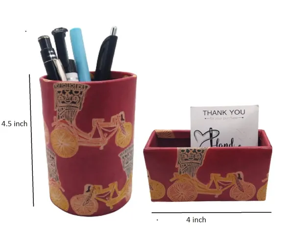 Red_Leather_Stationery_Set_Pen_Stand_Card_Holder_with_Embossed_Auto_Rickshaw_Design