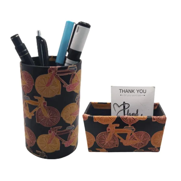 Red_Leather_Stationery_Set_Pen_Stand_Card_Holder_with_Embossed_Auto_Rickshaw_Design
