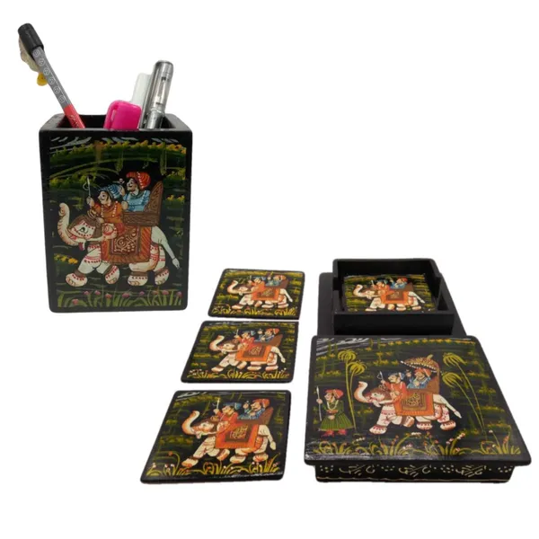 Wooden_Coaster_Set_and_Pen_Stand_Set_of_2_King_Royal_Procession_Hand_Painted