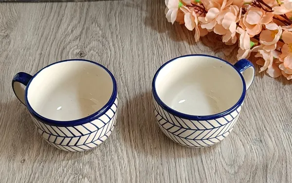 India_Meets_India_Ceramic_Coffee/Tea/Latte/Hot_Chocolate_Mugs_[White],_Indigo_Chevron_Hand-Painted_Ceramic_Coffee/Tea_Mugs_for_Hot_&_Cold_Beverages,_Set_of_2_Novelty_Mugs,_320_ML