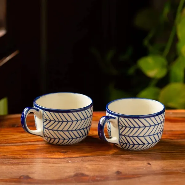India_Meets_India_Ceramic_Coffee/Tea/Latte/Hot_Chocolate_Mugs_[White],_Indigo_Chevron_Hand-Painted_Ceramic_Coffee/Tea_Mugs_for_Hot_&_Cold_Beverages,_Set_of_2_Novelty_Mugs,_320_ML