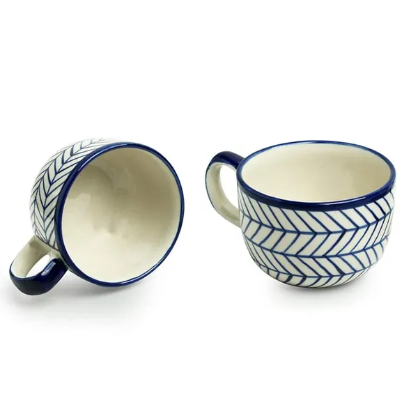 India_Meets_India_Ceramic_Coffee/Tea/Latte/Hot_Chocolate_Mugs_[White],_Indigo_Chevron_Hand-Painted_Ceramic_Coffee/Tea_Mugs_for_Hot_&_Cold_Beverages,_Set_of_2_Novelty_Mugs,_320_ML