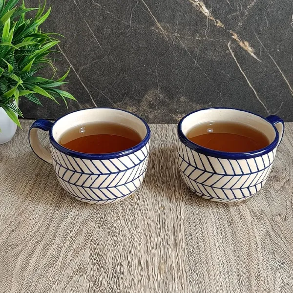 India_Meets_India_Ceramic_Coffee/Tea/Latte/Hot_Chocolate_Mugs_[White],_Indigo_Chevron_Hand-Painted_Ceramic_Coffee/Tea_Mugs_for_Hot_&_Cold_Beverages,_Set_of_2_Novelty_Mugs,_320_ML