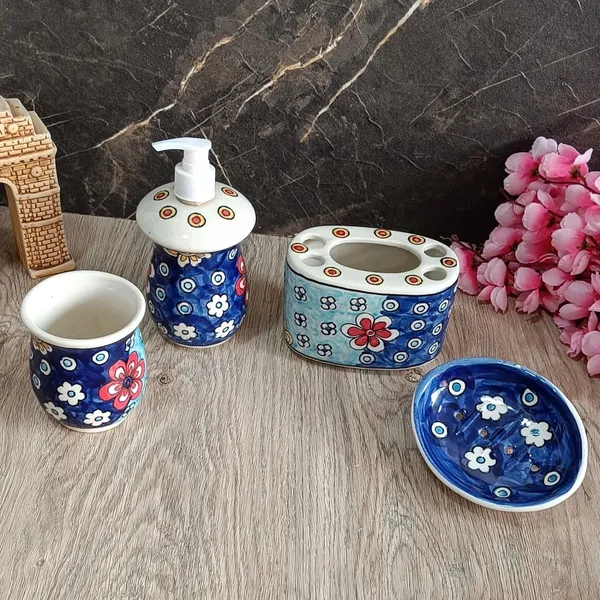 India_Meets_India_Ceramic_Hand-Painted_Bathroom_Accessories_Set,_Ceramic_Soap_Dispenser_|_Toothbrush_Holder_|_Soap_Dish_Tray_|_Tumbler_w/Flowers_Pattern