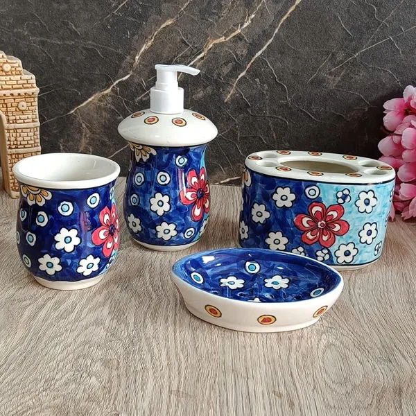 India_Meets_India_Ceramic_Hand-Painted_Bathroom_Accessories_Set,_Ceramic_Soap_Dispenser_|_Toothbrush_Holder_|_Soap_Dish_Tray_|_Tumbler_w/Flowers_Pattern
