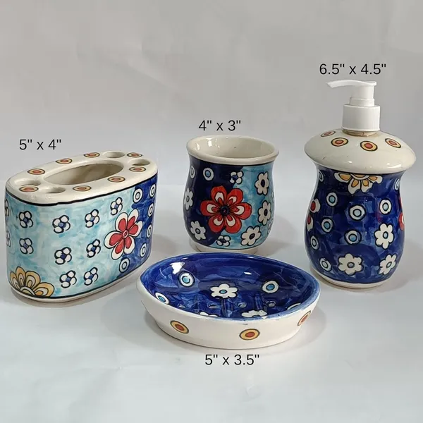 India_Meets_India_Ceramic_Hand-Painted_Bathroom_Accessories_Set,_Ceramic_Soap_Dispenser_|_Toothbrush_Holder_|_Soap_Dish_Tray_|_Tumbler_w/Flowers_Pattern