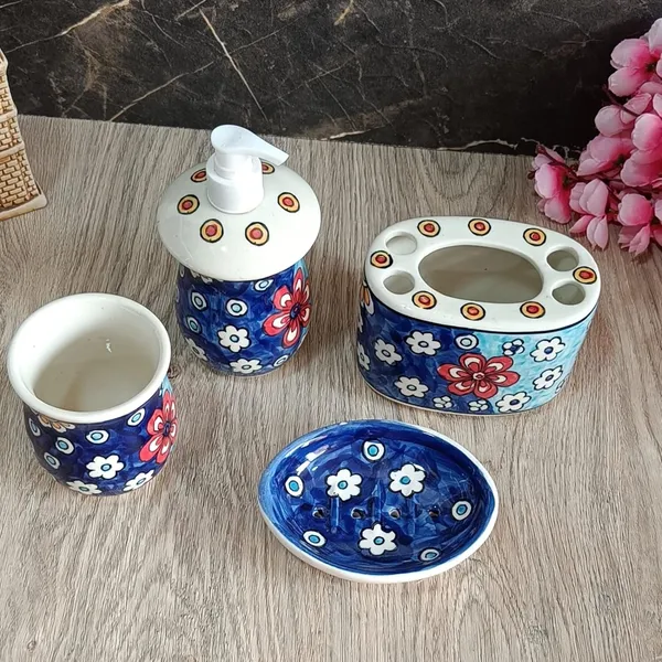 India_Meets_India_Ceramic_Hand-Painted_Bathroom_Accessories_Set,_Ceramic_Soap_Dispenser_|_Toothbrush_Holder_|_Soap_Dish_Tray_|_Tumbler_w/Flowers_Pattern