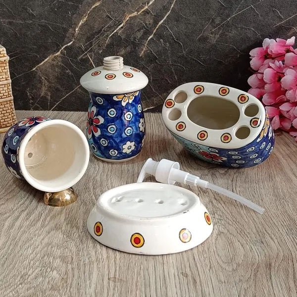 India_Meets_India_Ceramic_Hand-Painted_Bathroom_Accessories_Set,_Ceramic_Soap_Dispenser_|_Toothbrush_Holder_|_Soap_Dish_Tray_|_Tumbler_w/Flowers_Pattern