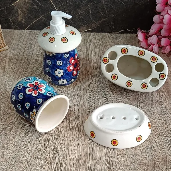 India_Meets_India_Ceramic_Hand-Painted_Bathroom_Accessories_Set,_Ceramic_Soap_Dispenser_|_Toothbrush_Holder_|_Soap_Dish_Tray_|_Tumbler_w/Flowers_Pattern