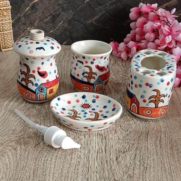 India_Meets_India_Ceramic_Hand-Painted_Bathroom_Accessories_Set,_Ceramic_Soap_Dispenser_|_Toothbrush_Holder_|_Soap_Dish_Tray_|_Tumbler_w/Hut_Pattern