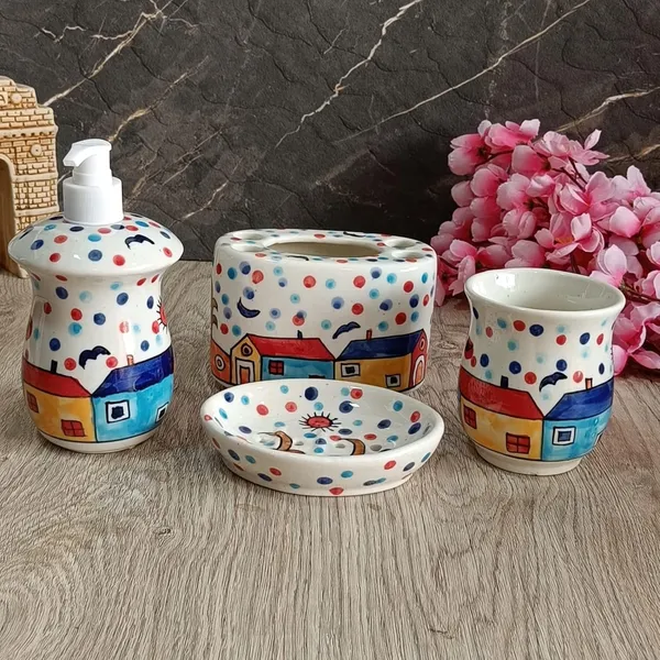 India_Meets_India_Ceramic_Hand-Painted_Bathroom_Accessories_Set,_Ceramic_Soap_Dispenser_|_Toothbrush_Holder_|_Soap_Dish_Tray_|_Tumbler_w/Hut_Pattern
