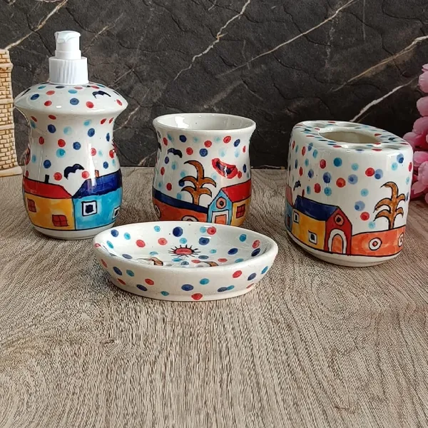 India_Meets_India_Ceramic_Hand-Painted_Bathroom_Accessories_Set,_Ceramic_Soap_Dispenser_|_Toothbrush_Holder_|_Soap_Dish_Tray_|_Tumbler_w/Hut_Pattern