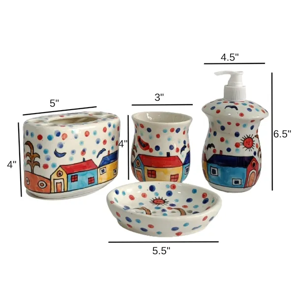 India_Meets_India_Ceramic_Hand-Painted_Bathroom_Accessories_Set,_Ceramic_Soap_Dispenser_|_Toothbrush_Holder_|_Soap_Dish_Tray_|_Tumbler_w/Hut_Pattern