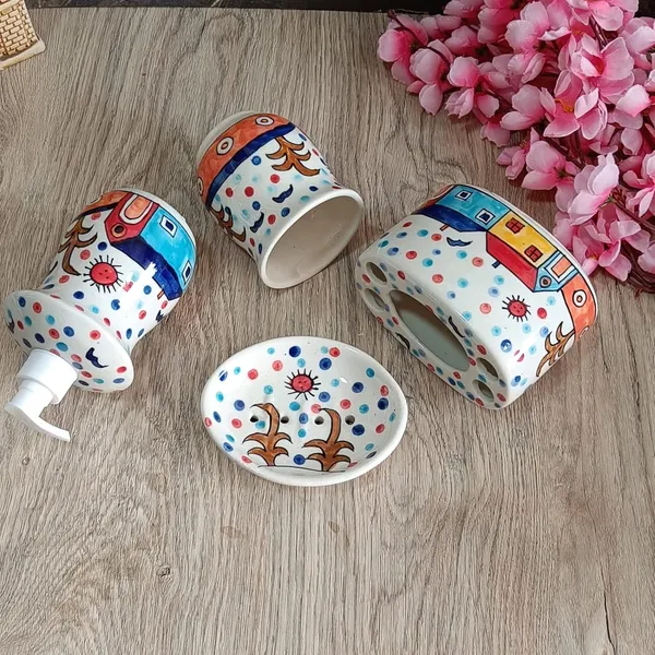 India_Meets_India_Ceramic_Hand-Painted_Bathroom_Accessories_Set,_Ceramic_Soap_Dispenser_|_Toothbrush_Holder_|_Soap_Dish_Tray_|_Tumbler_w/Hut_Pattern