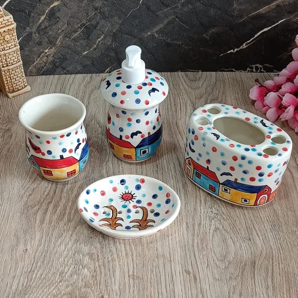 India_Meets_India_Ceramic_Hand-Painted_Bathroom_Accessories_Set,_Ceramic_Soap_Dispenser_|_Toothbrush_Holder_|_Soap_Dish_Tray_|_Tumbler_w/Hut_Pattern