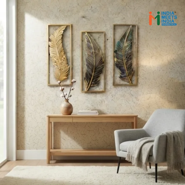 India_Meets_India_Decorative_Metal_Feather_Wall_Art_Set_–_Modern_Abstract_Wall_Hanging_Decor_for_Living_Room,_Bedroom,_and_Office_(Set_of_3,_Gold_and_Antique_Finish)