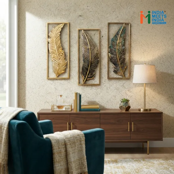 India_Meets_India_Decorative_Metal_Feather_Wall_Art_Set_–_Modern_Abstract_Wall_Hanging_Decor_for_Living_Room,_Bedroom,_and_Office_(Set_of_3,_Gold_and_Antique_Finish)
