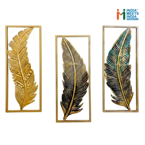 India_Meets_India_Decorative_Metal_Feather_Wall_Art_Set_–_Modern_Abstract_Wall_Hanging_Decor_for_Living_Room,_Bedroom,_and_Office_(Set_of_3,_Gold_and_Antique_Finish)