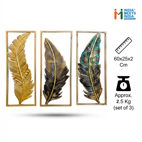 India_Meets_India_Decorative_Metal_Feather_Wall_Art_Set_–_Modern_Abstract_Wall_Hanging_Decor_for_Living_Room,_Bedroom,_and_Office_(Set_of_3,_Gold_and_Antique_Finish)