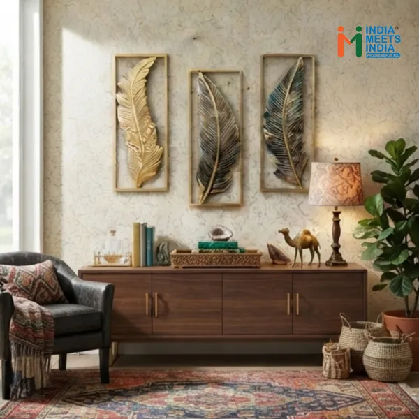 India_Meets_India_Decorative_Metal_Feather_Wall_Art_Set_–_Modern_Abstract_Wall_Hanging_Decor_for_Living_Room,_Bedroom,_and_Office_(Set_of_3,_Gold_and_Antique_Finish)