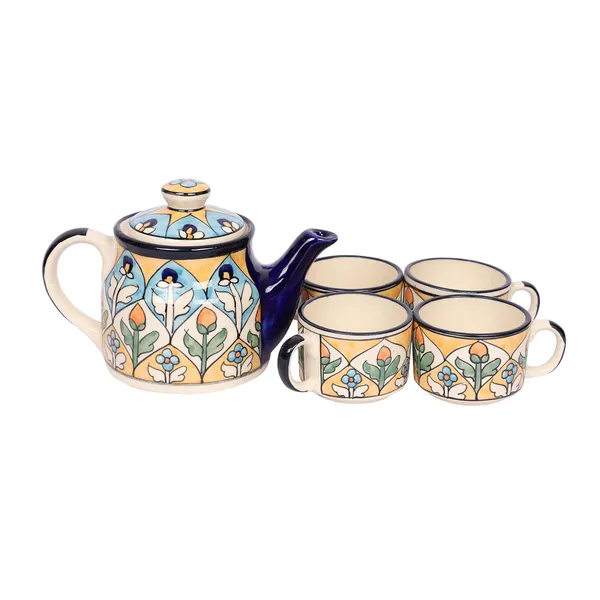 India_Meets_India_Yellow_Ceramic_Tea_Pot_Kettle_Set_with_4_Tea_Cups,_Pot_Capacity_500_ml_Cup_100_ml_Handmade_by_Expert_Artisan