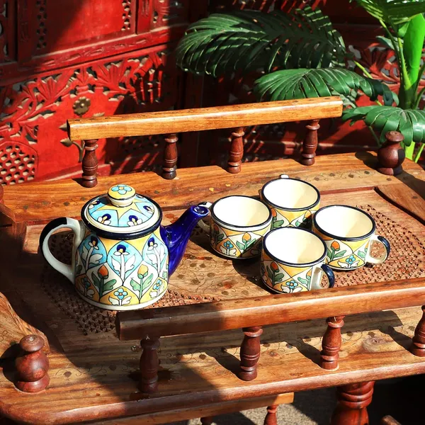 India_Meets_India_Yellow_Ceramic_Tea_Pot_Kettle_Set_with_4_Tea_Cups,_Pot_Capacity_500_ml_Cup_100_ml_Handmade_by_Expert_Artisan