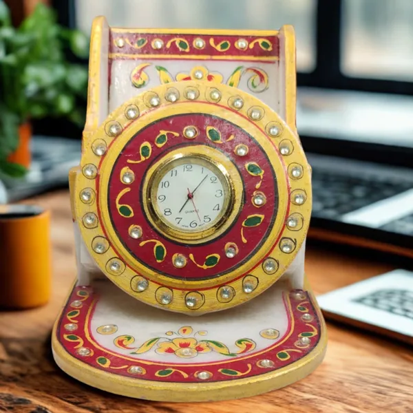 Meenakari_Art_Handmade_Decorated_Marble_Desk_Clock_Mobile_Display_Holder_Stand