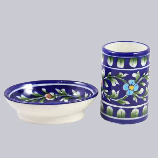 Blue_Art_Pottery_Bath_Set_Blue_Floral_Soap_Dish_and_Brush_Holder_Elegant_Bath_Accessories_Set_of_2
