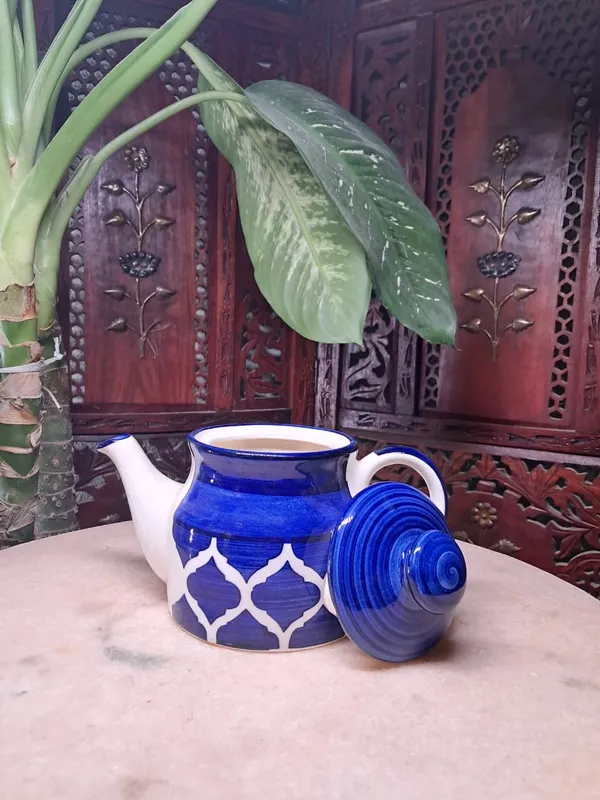 India_Meets_India_Blue_Ceramic_Kettle_Set_with_Tray_4_Cups_Tea_Pot_Set_500_ML_Tea_Pot_and_10"_Tray