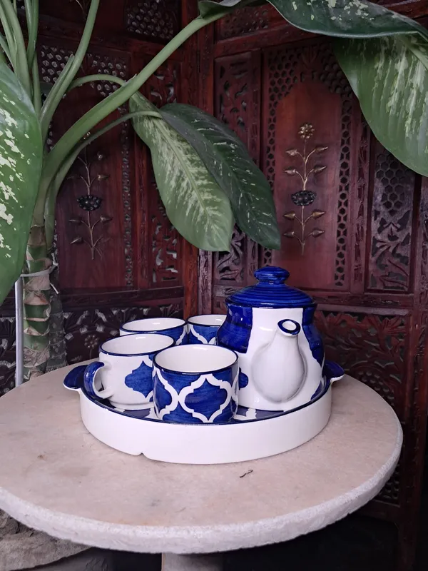 India_Meets_India_Blue_Ceramic_Kettle_Set_with_Tray_4_Cups_Tea_Pot_Set_500_ML_Tea_Pot_and_10"_Tray